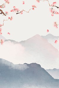Japanese floral background, watercolor mountain landscape illustration vector