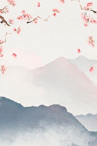 Japanese floral background, watercolor mountain landscape illustration psd