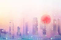 Aesthetic city background, watercolor sunset border psd