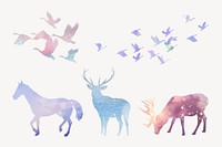 Aesthetic animal silhouette sticker, wildlife illustration set vector
