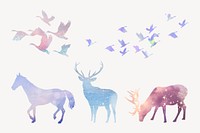 Aesthetic animal silhouette sticker, wildlife illustration set psd