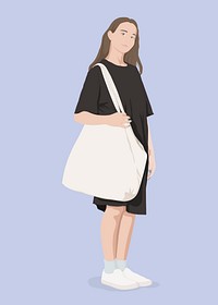 Girl with bag collage element, aesthetic illustration psd