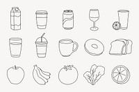 Food, beverages sticker, doodle line art psd set