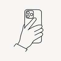 Hand holding phone sticker, digital device doodle line art psd