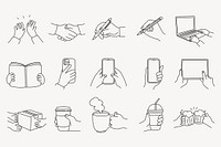 Hobbies, activities hand sticker, gesture doodle line art psd set