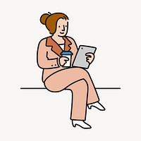 Woman holding tablet doodle clipart, morning routine cartoon character illustration