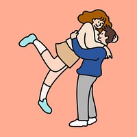 Couple jumping hug clipart, love cute character doodle vector