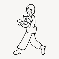 Woman holding coffee cup drawing, cute daily routine cartoon line art doodle