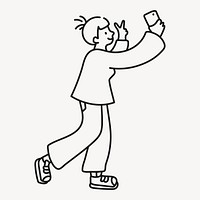 Woman taking selfie cartoon drawing, social media line art doodle