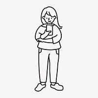 Woman using phone cartoon drawing, social media line art doodle