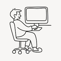 Man working on computer cartoon drawing, job line art doodle