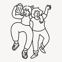 Friends celebrating doodle sticker, party line art illustration vector