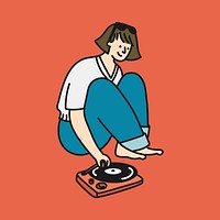 Woman listening to music sticker, hobby creative cartoon doodle psd