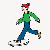 Female skateboarder cartoon clipart, hobby creative, colorful illustration