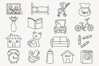 Home decor objects hand drawn collage element, furniture illustration psd set