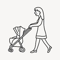 Mother doodle clipart, woman and pram illustration vector