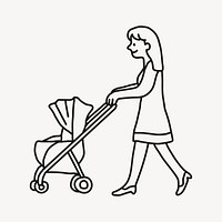 Mother and stroller hand drawn collage element, woman illustration psd