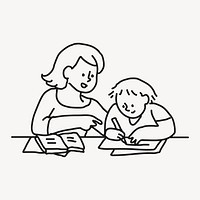 Mother & son doodle clipart, doing homework illustration vector
