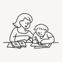 Mother & son hand drawn collage element, doing homework illustration psd