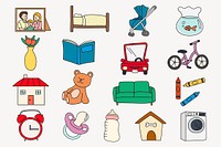 Home decor objects clipart set, cartoon illustration psd