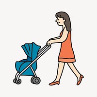 Mother collage element, woman and pram cartoon illustration vector
