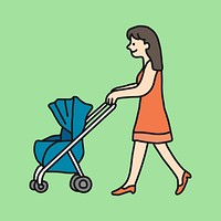 Mother and baby clipart, pram illustration psd