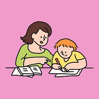 Mother & son cartoon illustration, doing homework design