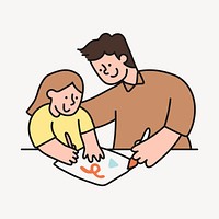 Family clipart, father & daughter doing homework illustration psd