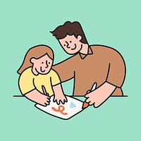 Father & daughter doing homework cartoon illustration