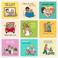 Family Instagram post templates set, loving and caring quote vector