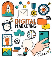 Hand drawn set of digital marketing symbols illustration