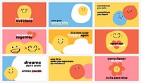 Cute positive quotes templates psd doodle smiley emoticons banner set