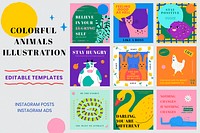 Colorful animal editable template psd for social media