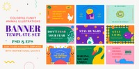 Motivational quote template psd banners with cute animal illustration set