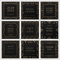 Wedding invitation psd set template with art deco pattern for social media post