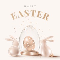 Happy Easter luxury template psd with 3D bunny rose gold social media post