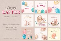 Happy Easter greetings template psd in 3D style holidays celebration social banners set