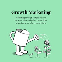 Growth marketing editable template psd with watering can doodle business illustration