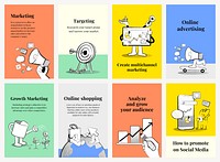 Digital marketing banner templates psd colorful doodle illustrations for business set