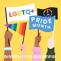 GBTQ rights banner template psd with activists waving LGBTQ rainbow pride flags