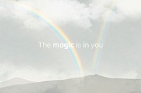 Rainbow banner template psd with editable text on mountain background, the magic is in you