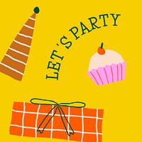 Cute party greeting template psd with doodle gift social media post