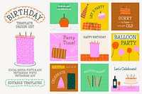 Doodle birthday party template psd cute social media post set