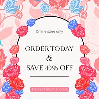 Feminine floral SALE template psd with colorful roses fashion social media ad
