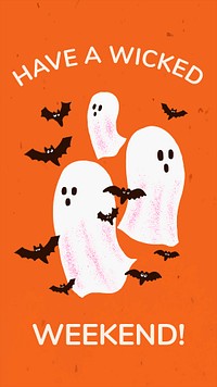 Halloween story template psd, white ghost illustration with greeting