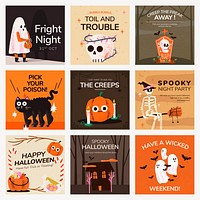 Social media post template psd, Halloween illustration set