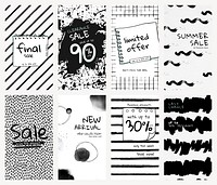 Editable story template psd set for social media with ink brush patterns for shop sale and new arrival