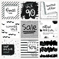 Editable sale template psd with ink brush pattern set
