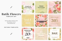 Batik flower editable sale template set for social media post psd