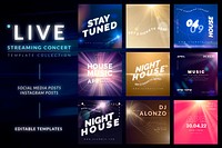 Live streaming concert post psd set on light effect background